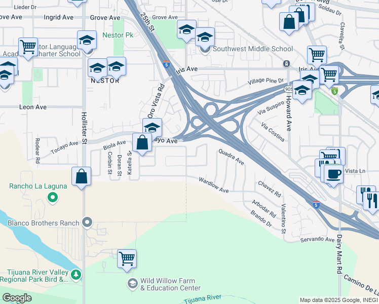 map of restaurants, bars, coffee shops, grocery stores, and more near 1841 International Road in San Diego