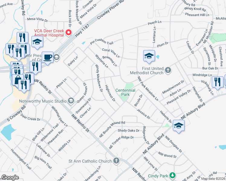 map of restaurants, bars, coffee shops, grocery stores, and more near 1201 Scarlet Sage Parkway in Burleson