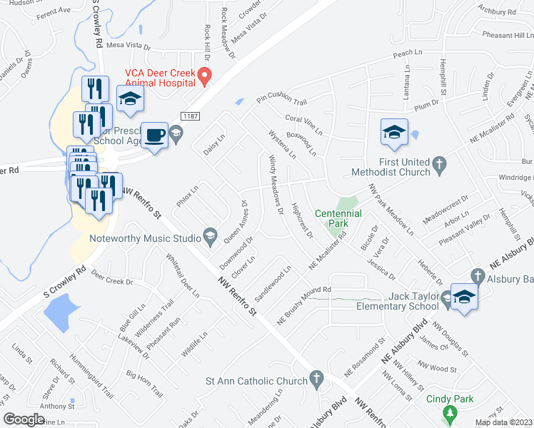 map of restaurants, bars, coffee shops, grocery stores, and more near 1228 Downwood Drive in Burleson
