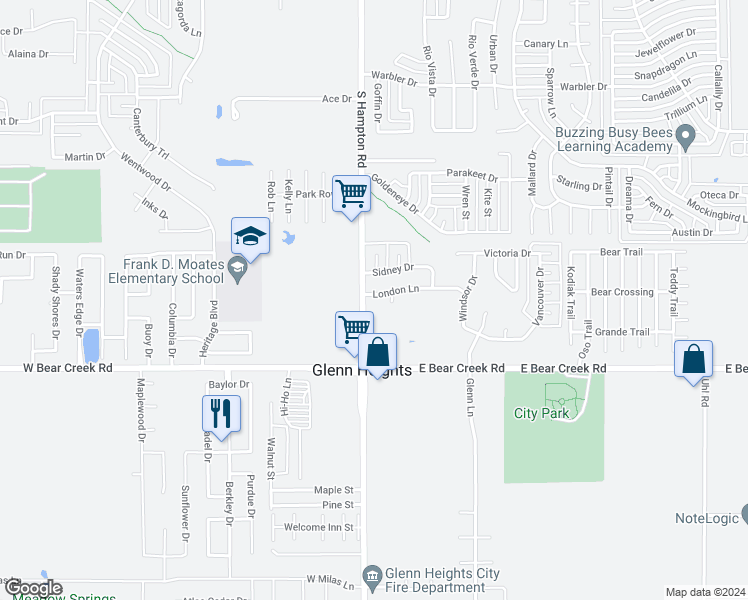 map of restaurants, bars, coffee shops, grocery stores, and more near 114 London Lane in Glenn Heights