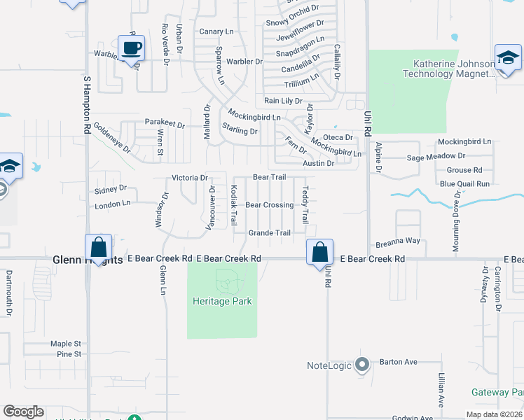 map of restaurants, bars, coffee shops, grocery stores, and more near 1520 Grizzly Trail in Red Oak