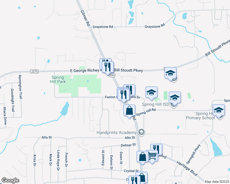 map of restaurants, bars, coffee shops, grocery stores, and more near 4207 Gilmer Road in Longview