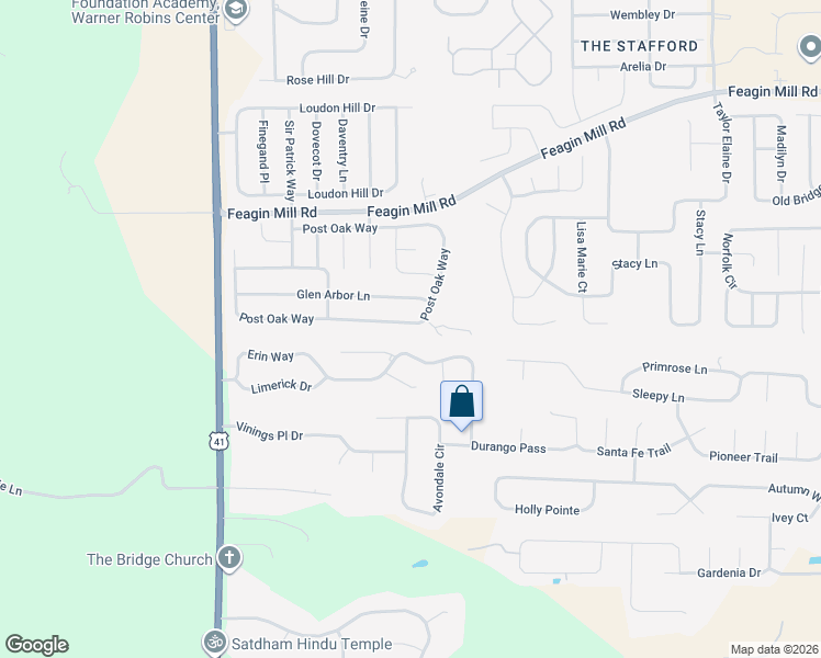 map of restaurants, bars, coffee shops, grocery stores, and more near 603 Post Oak Way in Warner Robins