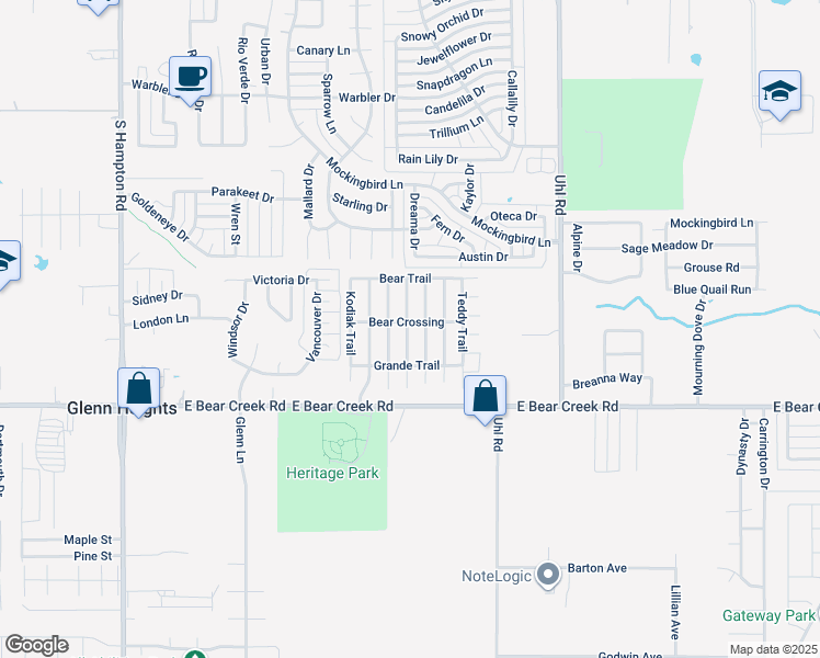map of restaurants, bars, coffee shops, grocery stores, and more near 1520 Grizzly Trail in Red Oak