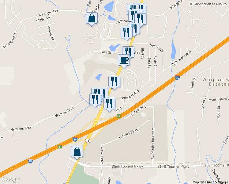 map of restaurants, bars, coffee shops, grocery stores, and more near 2167 South College Street in Auburn