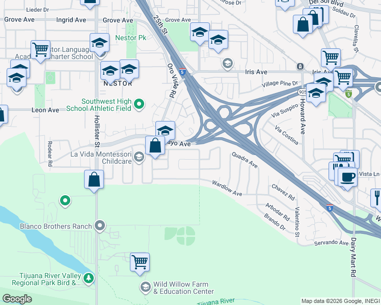 map of restaurants, bars, coffee shops, grocery stores, and more near 1964 International Road in San Diego