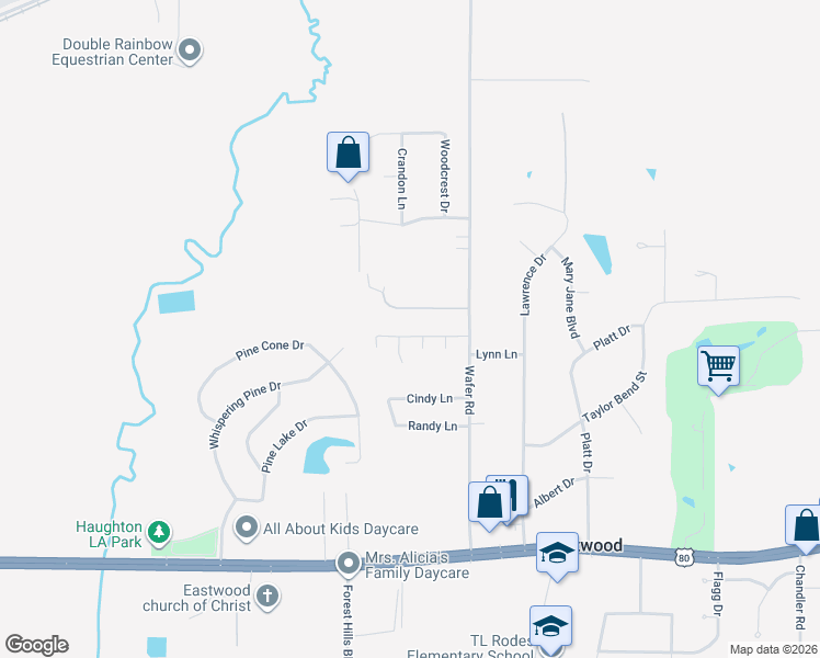 map of restaurants, bars, coffee shops, grocery stores, and more near 4546 Pine Crest Drive in Haughton