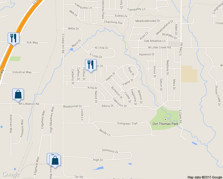 map of restaurants, bars, coffee shops, grocery stores, and more near 518 Burleson Street in Cedar Hill