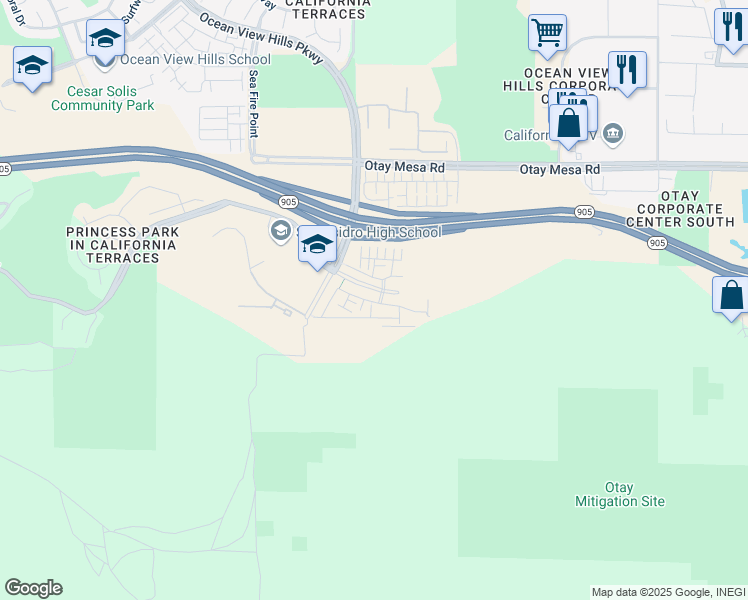 map of restaurants, bars, coffee shops, grocery stores, and more near 5470 Santa Alicia in San Diego