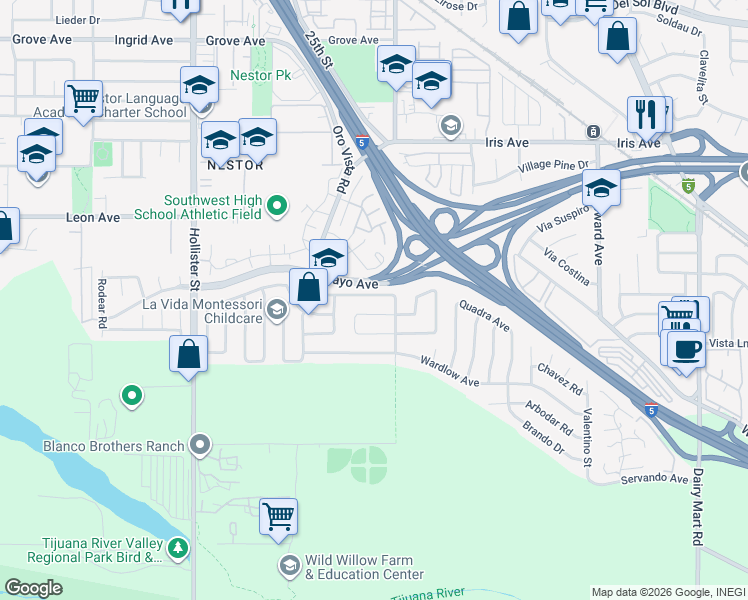map of restaurants, bars, coffee shops, grocery stores, and more near 1964 International Road in San Diego