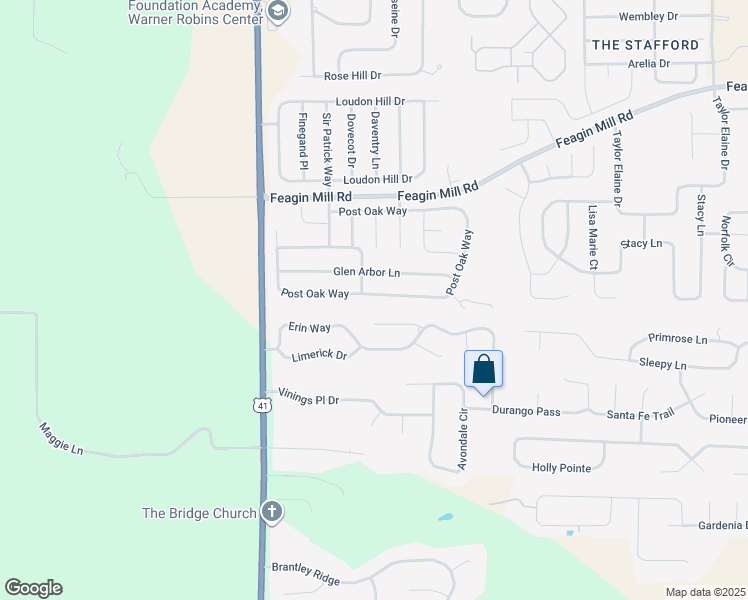 map of restaurants, bars, coffee shops, grocery stores, and more near 642 Post Oak Way in Warner Robins
