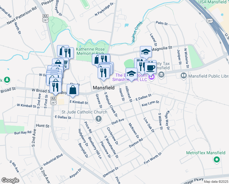 map of restaurants, bars, coffee shops, grocery stores, and more near 708 East Broad Street in Mansfield
