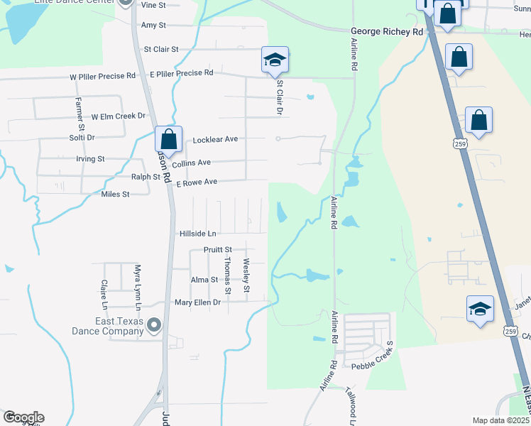 map of restaurants, bars, coffee shops, grocery stores, and more near 4304 Kennedy Trail in Longview