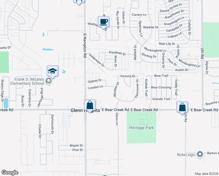 map of restaurants, bars, coffee shops, grocery stores, and more near 208 London Lane in Red Oak