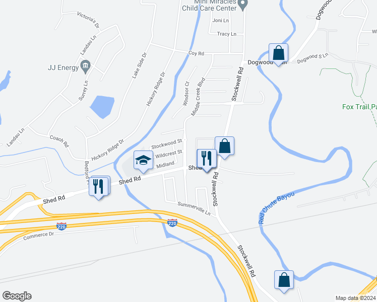 map of restaurants, bars, coffee shops, grocery stores, and more near 2210 Middle Creek Boulevard in Bossier City
