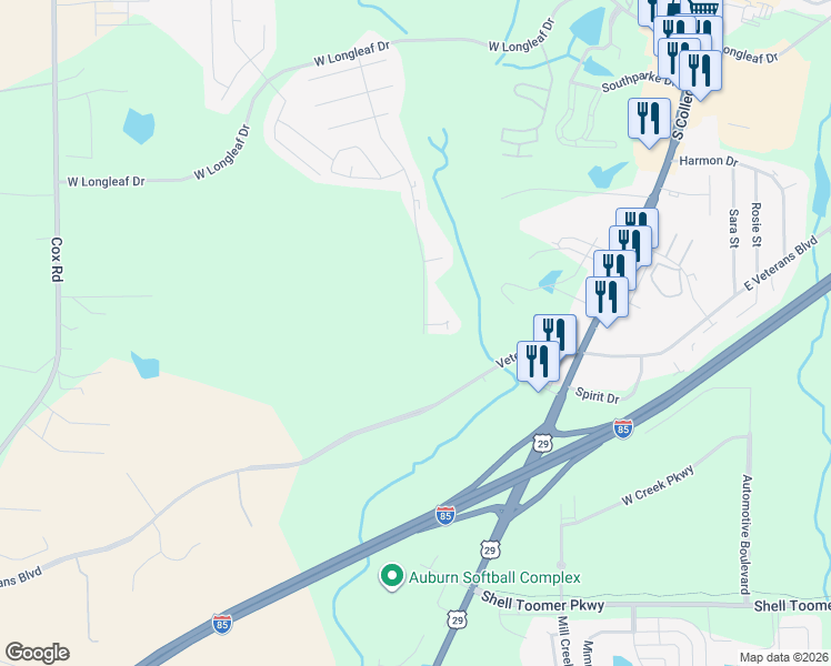 map of restaurants, bars, coffee shops, grocery stores, and more near 406 Veterans Boulevard in Auburn