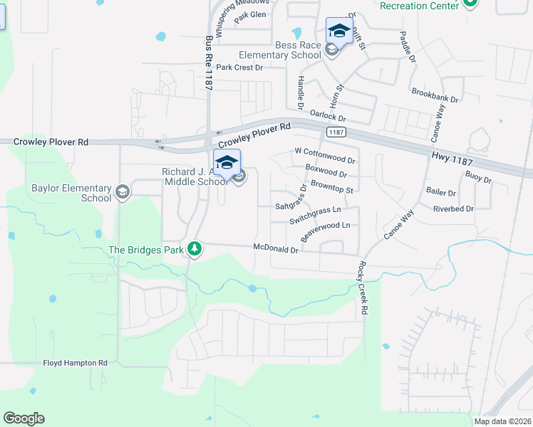 map of restaurants, bars, coffee shops, grocery stores, and more near 1233 Saltgrass Drive in Crowley