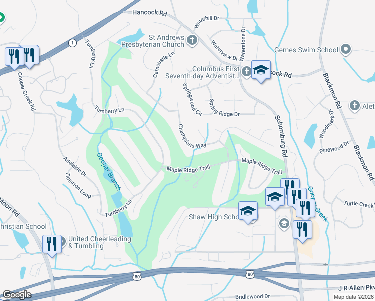 map of restaurants, bars, coffee shops, grocery stores, and more near 4792 Champions Way in Columbus