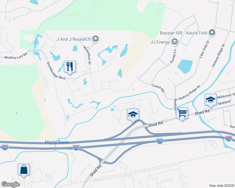 map of restaurants, bars, coffee shops, grocery stores, and more near 240 Macey Lane in Bossier City