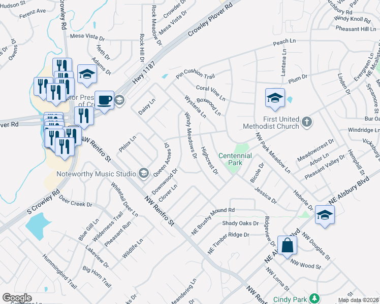 map of restaurants, bars, coffee shops, grocery stores, and more near 1229 Windy Meadows Drive in Burleson