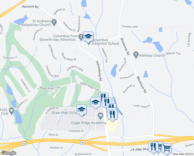 map of restaurants, bars, coffee shops, grocery stores, and more near 4906 Champions Way in Columbus