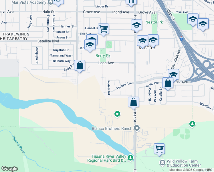 map of restaurants, bars, coffee shops, grocery stores, and more near 1698 Rodear Road in San Diego