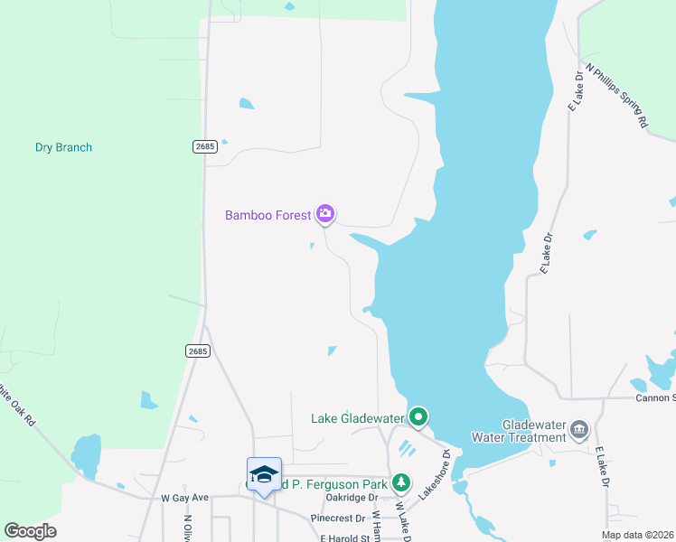 map of restaurants, bars, coffee shops, grocery stores, and more near 1717 West Lake Drive in Gladewater