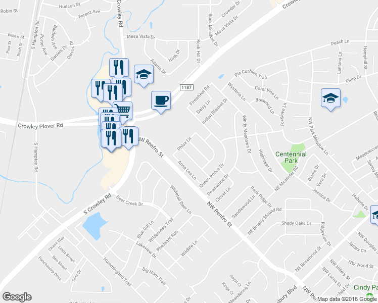 map of restaurants, bars, coffee shops, grocery stores, and more near 1416 Cherokee Rose Lane in Burleson