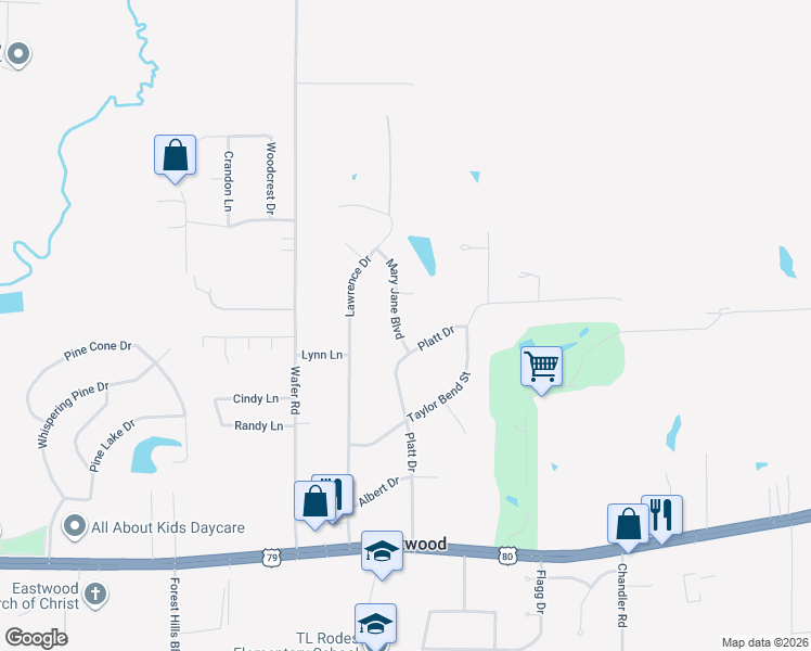 map of restaurants, bars, coffee shops, grocery stores, and more near 652 Mary Jane Boulevard in Haughton