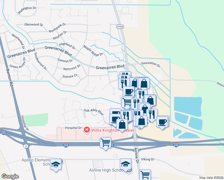 map of restaurants, bars, coffee shops, grocery stores, and more near 14 Fairmont Cir in Bossier City