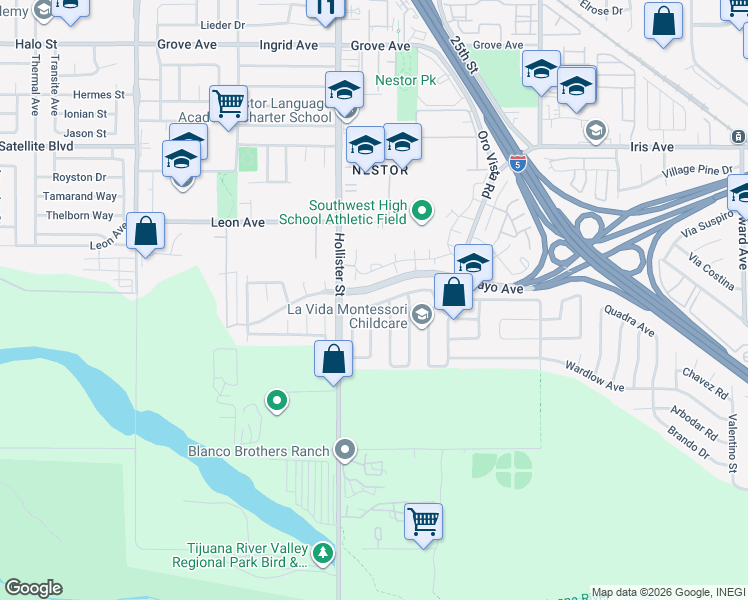 map of restaurants, bars, coffee shops, grocery stores, and more near 2442 Biola Avenue in San Diego
