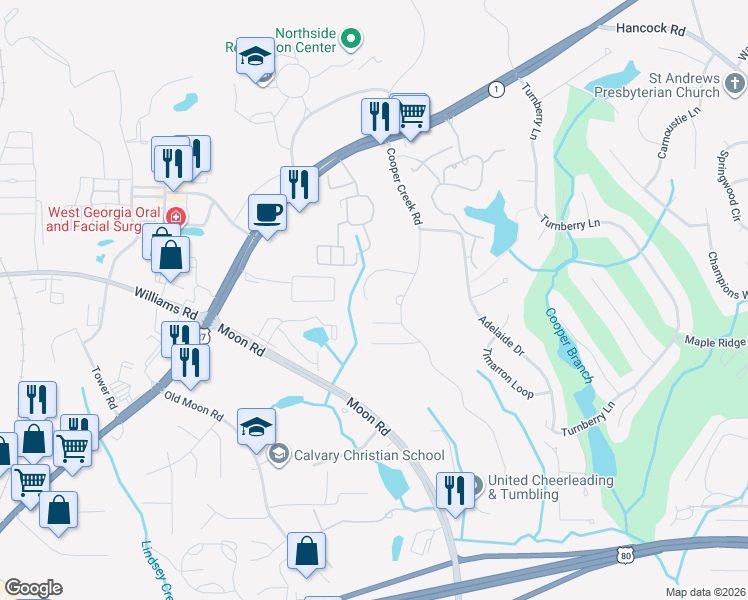 map of restaurants, bars, coffee shops, grocery stores, and more near 1024 Ruth Creek Court in Columbus
