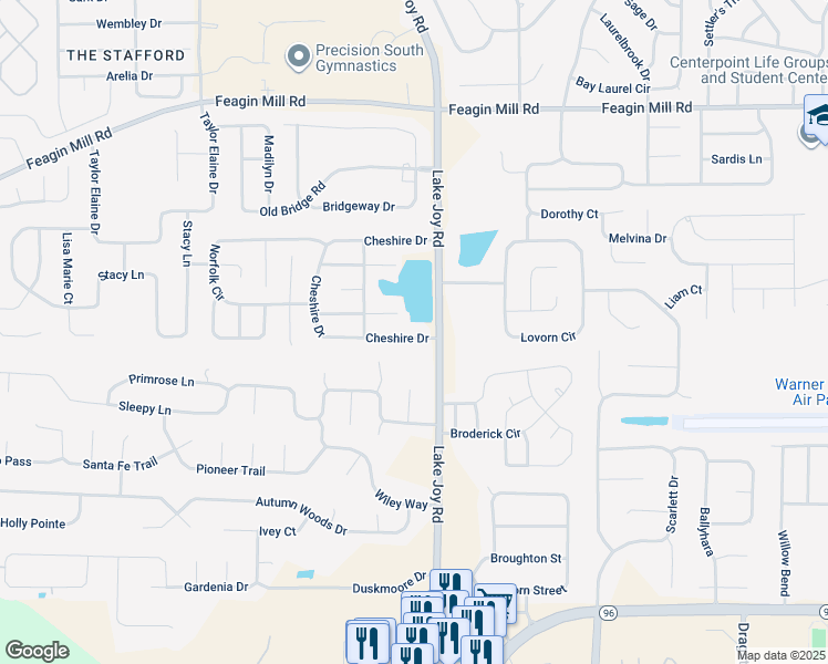 map of restaurants, bars, coffee shops, grocery stores, and more near 105 Cheshire Drive in Warner Robins