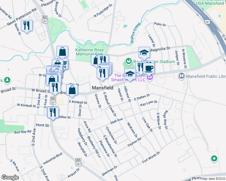 map of restaurants, bars, coffee shops, grocery stores, and more near 708 East Broad Street in Mansfield