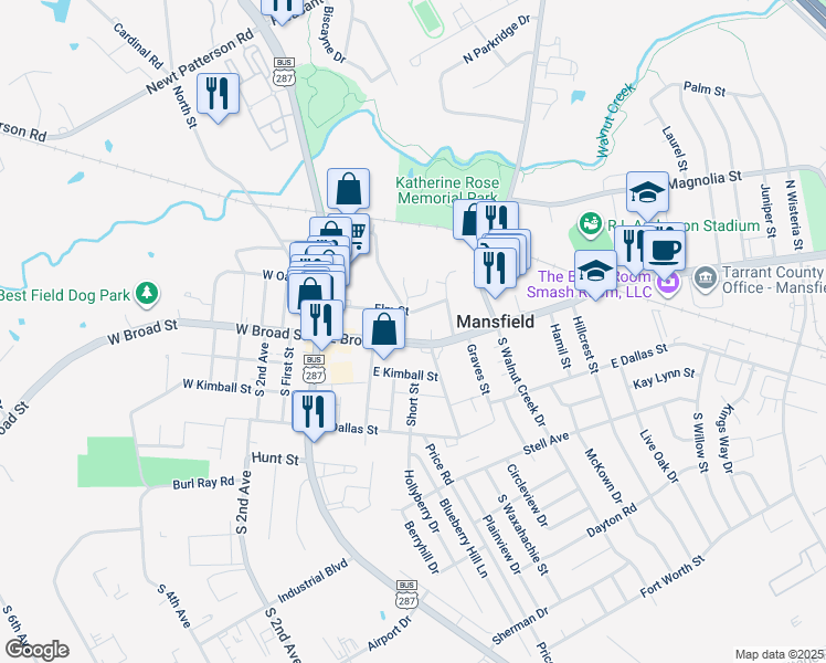 map of restaurants, bars, coffee shops, grocery stores, and more near 403 East Broad Street in Mansfield