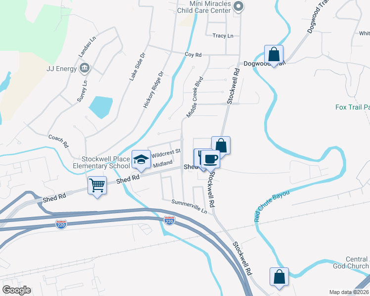 map of restaurants, bars, coffee shops, grocery stores, and more near 2212 Middle Creek Boulevard in Bossier City