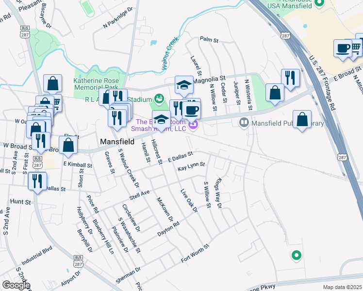 map of restaurants, bars, coffee shops, grocery stores, and more near 203 Hillcrest Street in Mansfield
