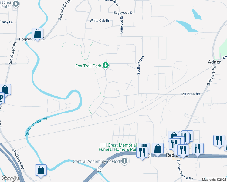 map of restaurants, bars, coffee shops, grocery stores, and more near 315 Peachwood Circle in Haughton