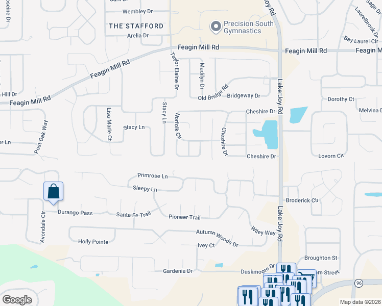 map of restaurants, bars, coffee shops, grocery stores, and more near 107 Lincolnshire Way in Warner Robins