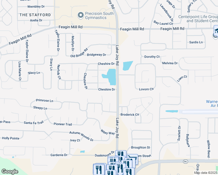 map of restaurants, bars, coffee shops, grocery stores, and more near 107 Cheshire Drive in Warner Robins