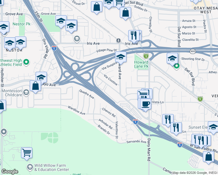 map of restaurants, bars, coffee shops, grocery stores, and more near 1312 West San Ysidro Boulevard in San Diego