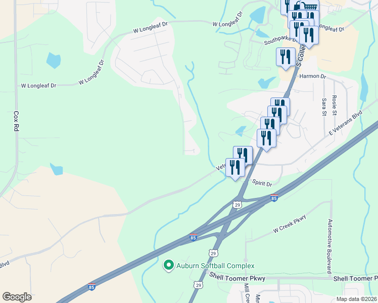 map of restaurants, bars, coffee shops, grocery stores, and more near 106 Veterans Boulevard in Auburn