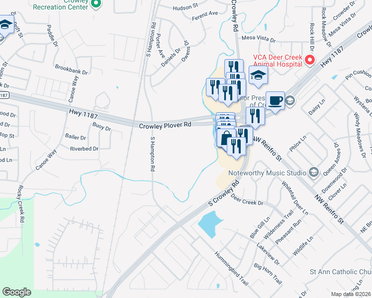 map of restaurants, bars, coffee shops, grocery stores, and more near 1100 South Crowley Road in Crowley