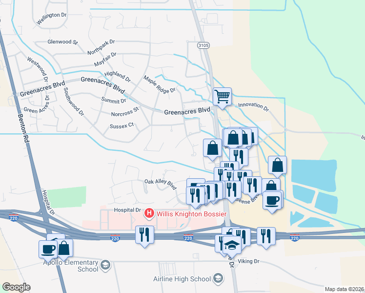 map of restaurants, bars, coffee shops, grocery stores, and more near 14 Fairmont Circle in Bossier City
