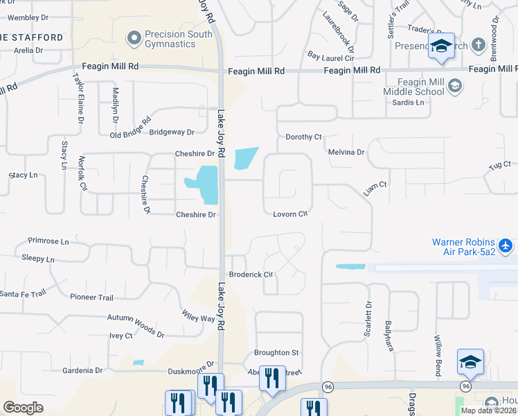 map of restaurants, bars, coffee shops, grocery stores, and more near 331 Lovorn Circle in Warner Robins