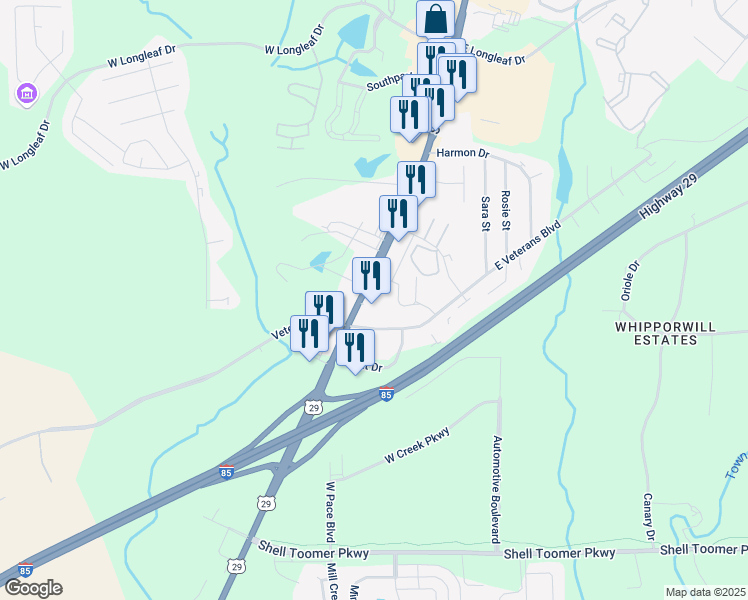 map of restaurants, bars, coffee shops, grocery stores, and more near 2145 South College Street in Auburn