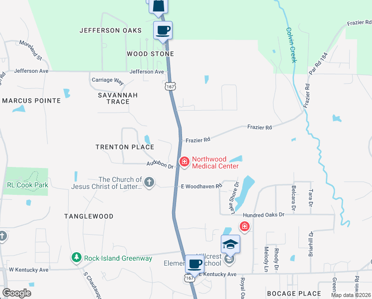 map of restaurants, bars, coffee shops, grocery stores, and more near 3000-3198 North Trenton Street in Ruston