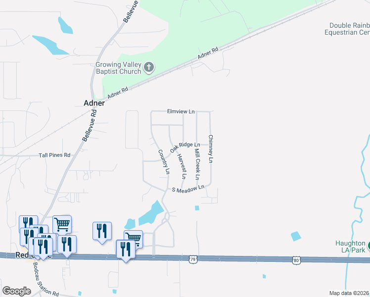 map of restaurants, bars, coffee shops, grocery stores, and more near 118 Harvest Lane in Haughton