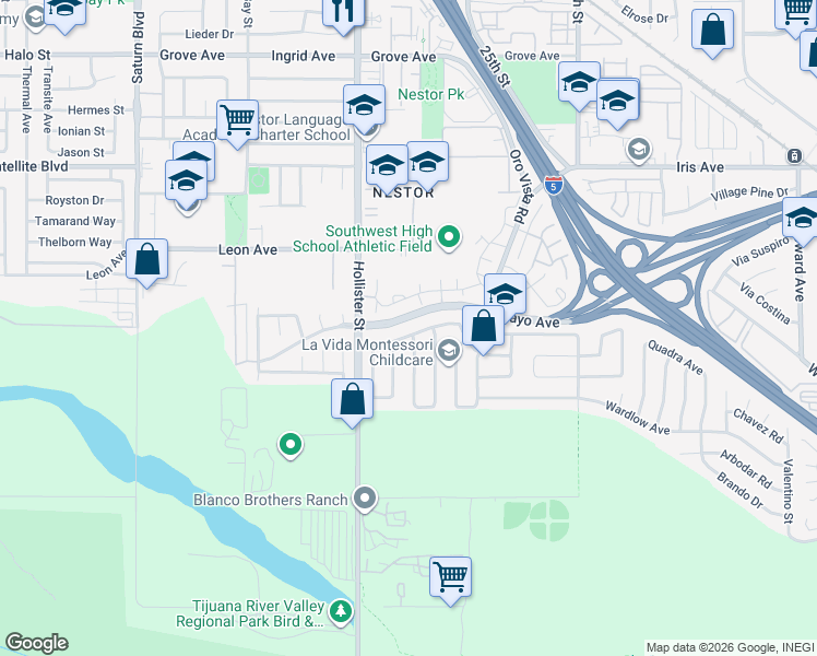 map of restaurants, bars, coffee shops, grocery stores, and more near 2442 Biola Avenue in San Diego