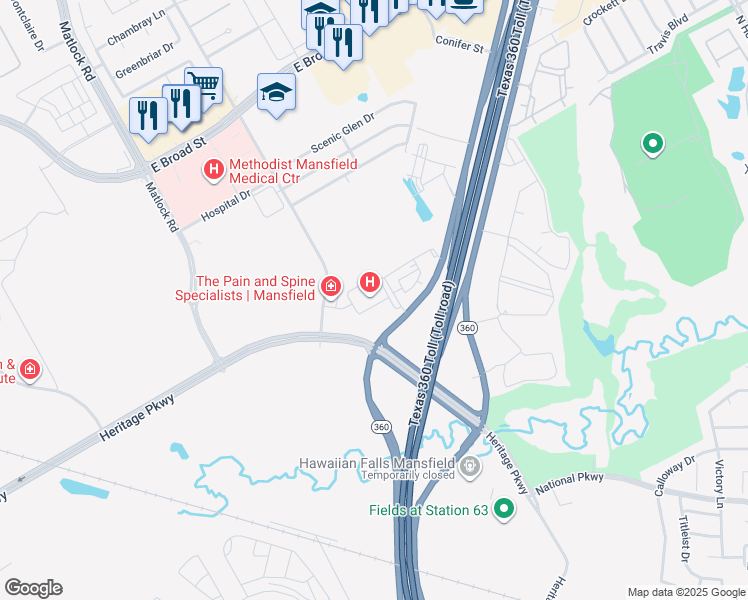 map of restaurants, bars, coffee shops, grocery stores, and more near 100 Miller Road in Mansfield